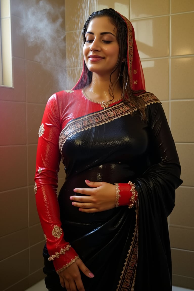 A woman standing in a tiled room. Her eyes closed in a moment of serenity. She wears wet slimy indian traditional black bridal saree with white traditional embroidary design, full sleeve red bouse with pattened design, wet dupatta as a veil, and very light brown hair, bathing with shampoo. Shampoo in hair. Soap flowing through clothes. wet red bridal veil .saree that clings to her body. The scene is illuminated by the soft, warm light of the room, highlighting the water droplets on her skin. The composition captures her relaxed pose, with the water flowing down her form, creating a sensual and intimate atmosphere. The background features a tiled room with steam rising, adding to the ambiance.,Fetishwet,wet_hair,Wet,covered in oil,covered in mud,wam,wet clothes,pouring oil,wetlook,pouring oil