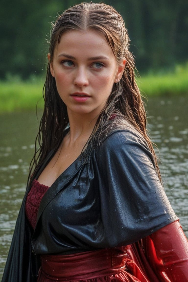 (wet clothes, wet hair, wet, wet face, wet skin,  : 1.4 ),(Chiaroscuro Solid colors background),( Beautiful wet German queen ),(greater details in definitions of face and eyes), (realistic and detailed wet skin textures), (extremely clear image, UHD, resembling realistic professional photographs, film grain), beautiful wet blonde hair,beautiful blue iris, ((wearing Baroque-style crimson dirndl ballgowns, royal cloak, clothes with vibrant colors, holding a shawl on hand, submerge,  hugging, very wet drenched hair, wet face:1.2)), infused with norwegian elements. The dress combines intricate lace and embroidery with colorful ballgown-inspired patterns. A wide obi belt cinches her waist, while puffed sleeves and delicate accessories complete the look, showcasing a striking fusion of cultures.,ct-drago
.
, soakingwetclothes, wet clothes, wet hair, Visual Anime,art_booster,anime_screencap,fake_screenshot,anime coloring