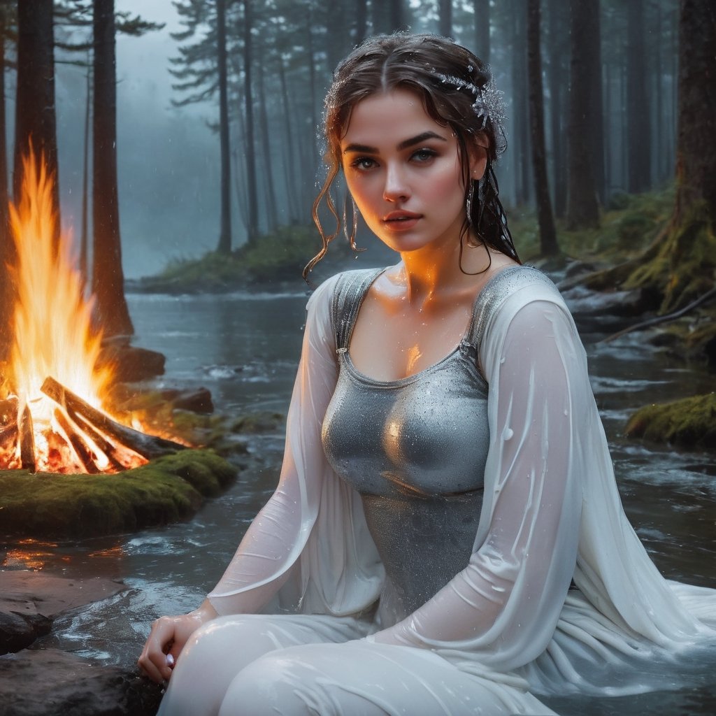 Painting (sparth:0.8) and (Arthur Rackham:1.3) portrait of (Helena the Scholar) with shoulder covered, wearing (elastic top:1.8) with (crystals:1.5), sitting (alone) by the fire in the night forest, (back to camera:2),
stunning and bright white background, Tanya Shatseva, Gabriele Del Otto, Frank Frazetta,
Midjourney AI style, ((wet clothes, wet hair, bathing in water, face focused, skin pores, wet skin : 1.5)),soakingwetclothes