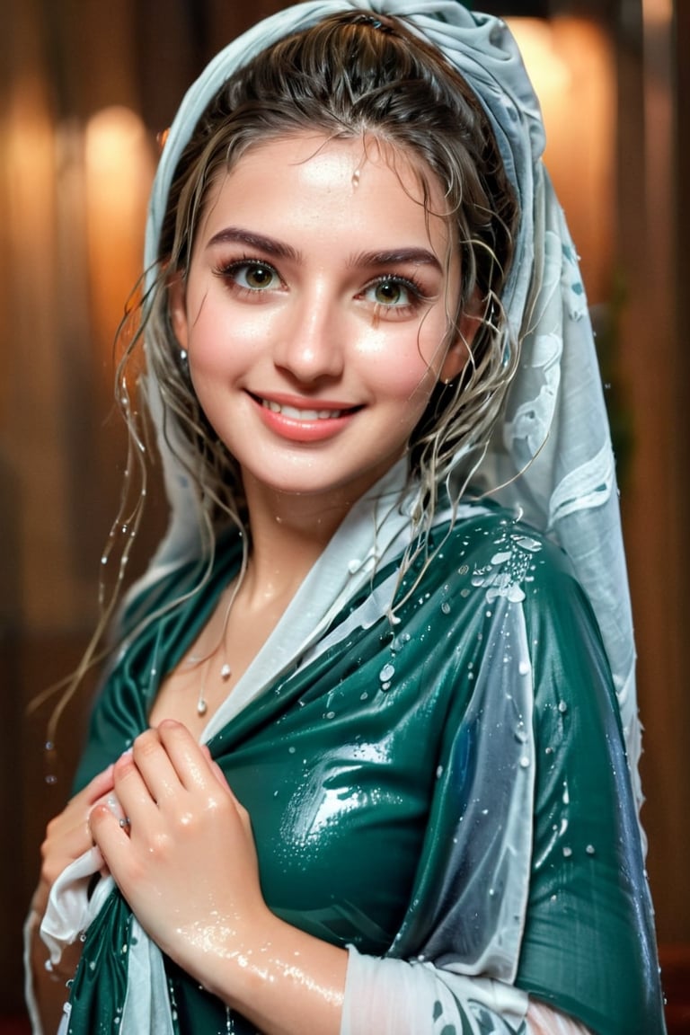 (best quality, 4k, 8k, highres, masterpiece:1.2), ultra-detailed, realistic, cute smile, beautiful detailed face, beautiful detailed hands, extremely detailed eyes, long eyelashes, photorealistic lighting, casual style clothing, instagram influencer, instagram-style photography , dtinking coffee,  (( soaked, wet clothes, wet hair, Face focused, skin pores, shawl, long petticoat, Pakistani style, detail face, soaked hair, , soakingwetclothes, , more detail XL, 18thcentury :1.2)), ,soakingwetclothes