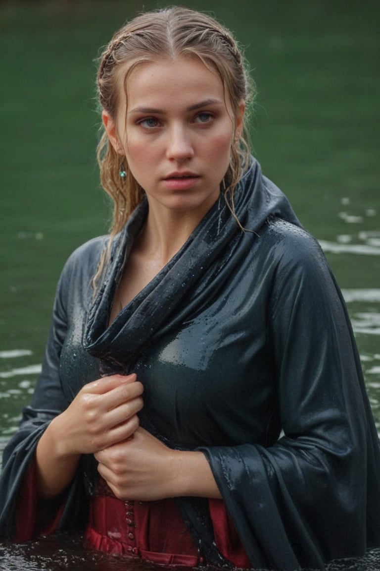 (wet clothes, wet hair, wet, wet face, wet skin,  : 1.4 ),(Chiaroscuro Solid colors background),( Beautiful wet German queen ),(greater details in definitions of face and eyes), (realistic and detailed wet skin textures), (extremely clear image, UHD, resembling realistic professional photographs, film grain), beautiful wet blonde hair,beautiful blue iris, ((wearing Baroque-style crimson dirndl ballgowns, royal cloak, clothes with vibrant colors, holding a shawl on hand, submerge,  hugging, very wet drenched hair, wet face:1.2)), infused with norwegian elements. The dress combines intricate lace and embroidery with colorful ballgown-inspired patterns. A wide obi belt cinches her waist, while puffed sleeves and delicate accessories complete the look, showcasing a striking fusion of cultures.,ct-drago
.
, soakingwetclothes, wet clothes, wet hair, Visual Anime,art_booster,anime_screencap,fake_screenshot,anime coloring