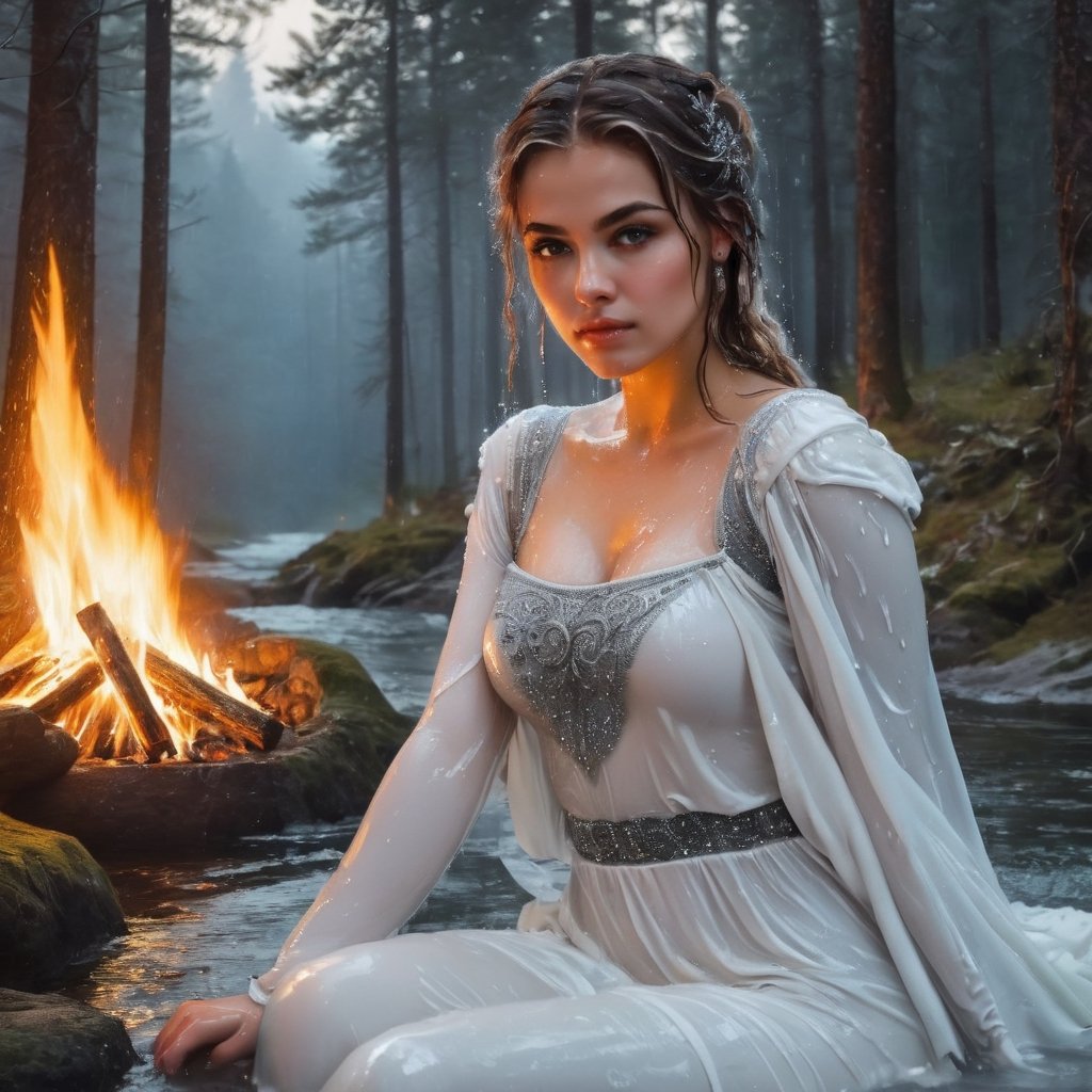 Painting (sparth:0.8) and (Arthur Rackham:1.3) portrait of (Helena the Scholar) with shoulder covered, wearing (elastic top:1.8) with (crystals:1.5), sitting (alone) by the fire in the night forest, (back to camera:2),
stunning and bright white background, Tanya Shatseva, Gabriele Del Otto, Frank Frazetta,
Midjourney AI style, ((wet clothes, wet hair, bathing in water, face focused, skin pores, wet skin : 1.5)),soakingwetclothes