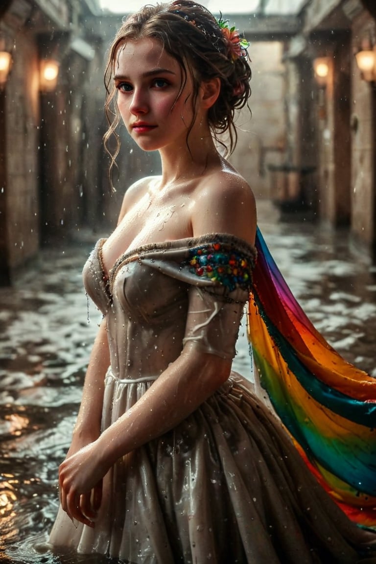 beautiful photo of a wet girl. (masterpiece, top quality, best quality, official art, beautiful and aesthetic, wearing ballgown drapped with a colorful shawl:1.2), (1girl:1.4), portrait, extreme detailed, highest detailed, simple background, 16k, high resolution, perfect dynamic composition, bokeh, (sharp focus:1.2), super wide angle, high angle, high color contrast, medium shot, depth of field, blurry background,,itacstl, slight smile, ballgown, full sleeve

(wet clothes, wet hair, wet, wet face, wet skin, : 1.4 ), soakingwetclothes, wet clothes, wet hair, Visual Anime