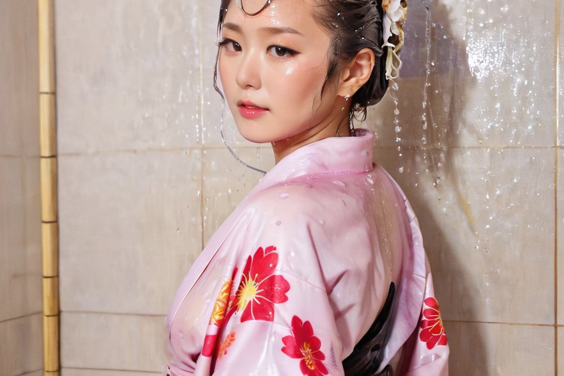 photo of japanese idol, looking away, kimono,   (((wet clothes, wet hair, wet skin, wet, soaked, clothes cling to skin:1.2)),soakingwetclothes