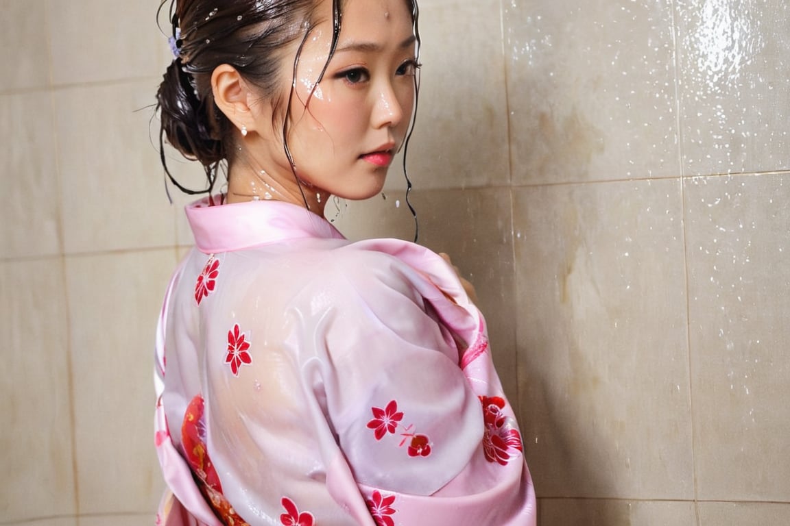 photo of japanese idol, looking away, kimono,   (((wet clothes, wet hair, wet skin, wet, soaked, clothes cling to skin:1.2)),soakingwetclothes