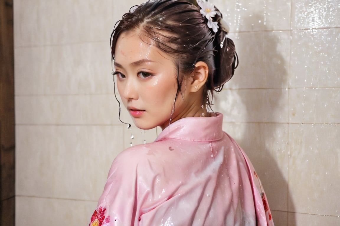 photo of japanese idol, looking away, kimono,   (((wet clothes, wet hair, wet skin, wet, soaked, clothes cling to skin:1.2)),soakingwetclothes