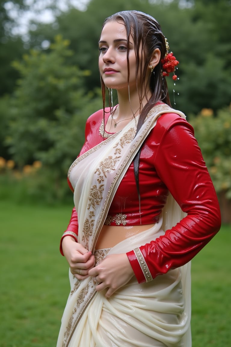 (wet clothes, wet hair, wet face, wet skin, slimy clothes, slimy skin, slimy hair ) 

(wet clothes, wet hair, wet face, wet skin, slimy hair, slimy skin, slimy clothes) 

A cinematic image of a soaking wet slim middle-aged norwegian woman, dressed in wet traditional full-sleeve red cotton blouse with embroidery and wet heavy embroidered satin bridal saree with wet bridal veil. She is standing outdoors , her entire outfit wet as water flowing down her clothes. The wet full-sleeve red cotton blouse clings tightly to her arms, highlighting its soft, textured fabric. The saree, equally soaked, drapes beautifully along her form, the delicate heavy embroidery on the saree shimmering as it absorbs the wetness.  wet hair, which is pulled back, creating a glistening effect under the soft, overcast light. Her posture is graceful and serene, , natural setting. The vibrant red of her blouse contrasts with the soft white of her saree, making the scene visually striking. Wetness shimmer on her wet clothes, capturing every detail in high definition. 4K, RAW, masterpiece, soakingwetclothes, wetlook, high definition, rain, nature, traditional fashion, wet saree, wet fashion photography, full sleeve wet blouse. Her dress looks clingy and glossy, with fabric adhering closely to the skin due to the weight of the wetness. darker and shinier fabric texture in rain.



4K, RAW, masterpiece, soakingwetclothes, wetlook, high definition, wet fashion photography.,Fetishwet,FluxGothicRealnime,Wetfetish