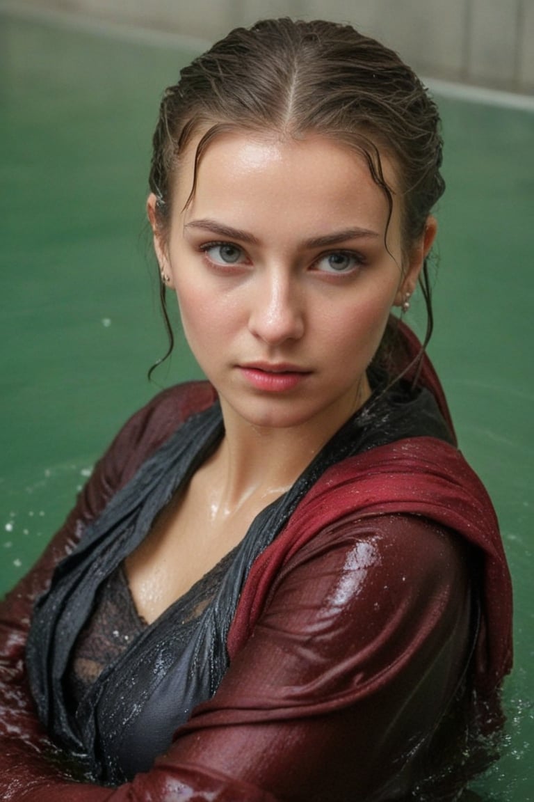 (wet clothes, wet hair, wet, wet face, wet skin,  : 1.4 ),(Chiaroscuro Solid colors background),( Beautiful wet German queen ),(greater details in definitions of face and eyes), (realistic and detailed wet skin textures), (extremely clear image, UHD, resembling realistic professional photographs, film grain), beautiful wet blonde hair,beautiful blue iris, ((wearing Baroque-style crimson dirndl ballgowns, royal cloak, clothes with vibrant colors, holding a shawl on hand, submerge,  hugging, very wet drenched hair, wet face:1.2)), infused with norwegian elements. The dress combines intricate lace and embroidery with colorful ballgown-inspired patterns. A wide obi belt cinches her waist, while puffed sleeves and delicate accessories complete the look, showcasing a striking fusion of cultures.,ct-drago
.
, soakingwetclothes, wet clothes, wet hair, Visual Anime,art_booster,anime_screencap,fake_screenshot,anime coloring