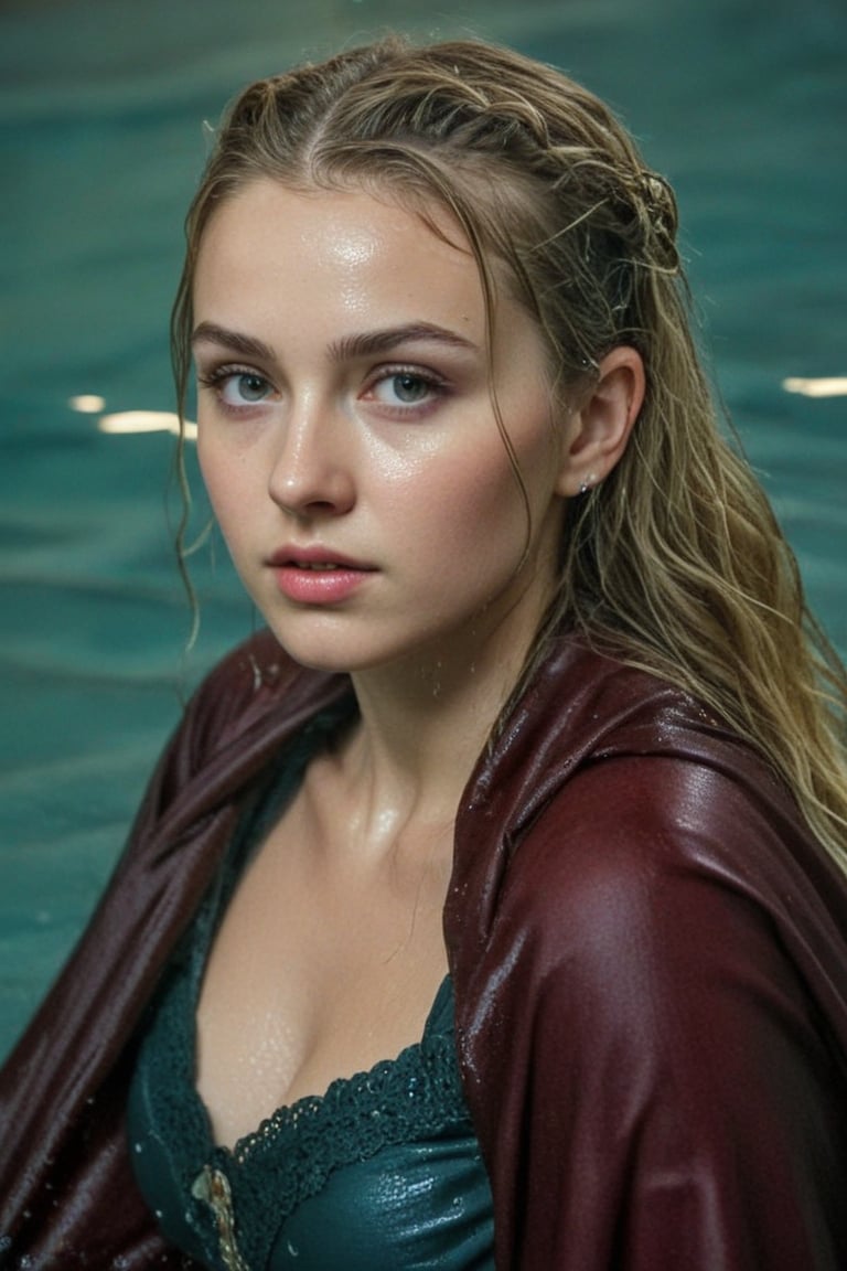 (wet clothes, wet hair, wet, wet face, wet skin,  : 1.4 ),(Chiaroscuro Solid colors background),( Beautiful wet German queen ),(greater details in definitions of face and eyes), (realistic and detailed wet skin textures), (extremely clear image, UHD, resembling realistic professional photographs, film grain), beautiful wet blonde hair,beautiful blue iris, ((wearing Baroque-style crimson dirndl ballgowns, royal cloak, clothes with vibrant colors, holding a shawl on hand, submerge,  hugging, very wet drenched hair, wet face:1.2)), infused with norwegian elements. The dress combines intricate lace and embroidery with colorful ballgown-inspired patterns. A wide obi belt cinches her waist, while puffed sleeves and delicate accessories complete the look, showcasing a striking fusion of cultures.,ct-drago
.
, soakingwetclothes, wet clothes, wet hair, Visual Anime,art_booster,anime_screencap,fake_screenshot,anime coloring