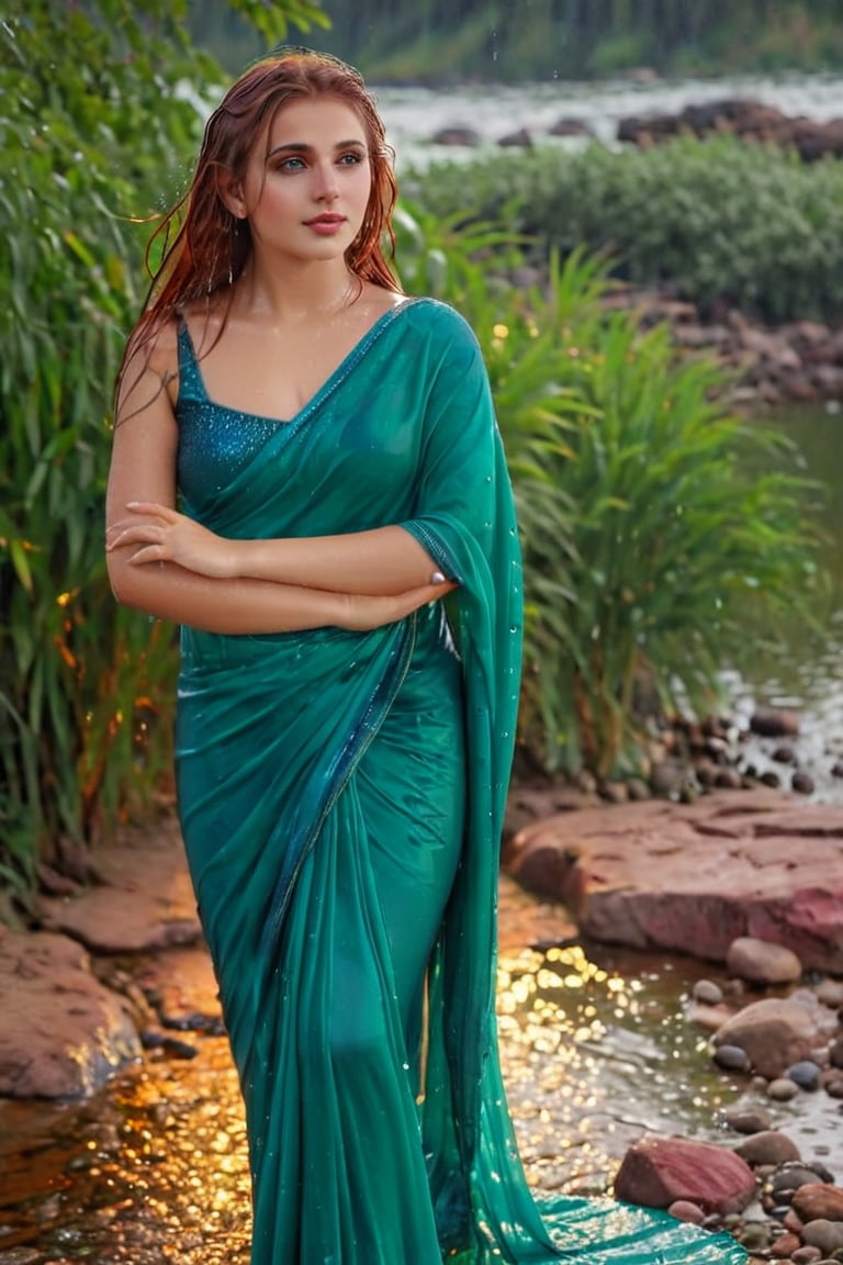 score_9,score_8_up,score_7_up, photorealistic BREAK full shot of a confident wet red-haired, full body portrait of an russian woman in saree, sitting on rocks near water and raindrops falling on her wet hair, blue green wet sarees with full sleeve teal wet blouse around the waist , standing pose, looking at camera, hair wet from heavy raining background, heavy leaves plants and stones behind, dramatic lighting, hyper realistic photography, cinematic shot, perfect hands highly detailed,detailed skin,highly detailed face and eyes,detailed face, detailed nose, detailed eyes,depth of field,film grain,backlighting, Neutral-Density-Filter, flawless clarity, brightly lit,,crystalz,Decora_SWstyle,art_booster, ((wet clothes, wet hair, wet skin, wet_clothes,soakingwetclothes:1.3))