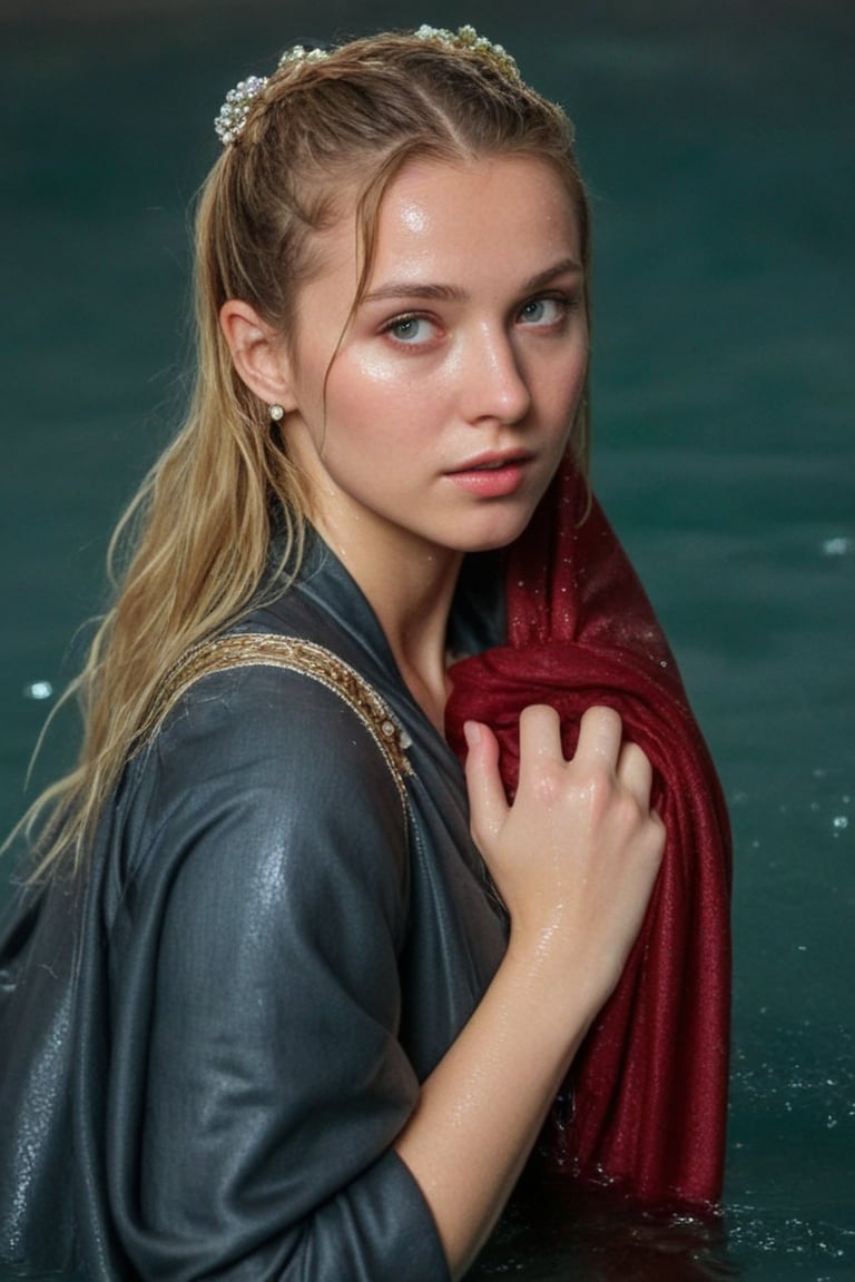 (wet clothes, wet hair, wet, wet face, wet skin,  : 1.4 ),(Chiaroscuro Solid colors background),( Beautiful wet German queen ),(greater details in definitions of face and eyes), (realistic and detailed wet skin textures), (extremely clear image, UHD, resembling realistic professional photographs, film grain), beautiful wet blonde hair,beautiful blue iris, ((wearing Baroque-style crimson dirndl ballgowns, royal cloak, clothes with vibrant colors, holding a shawl on hand, submerge,  hugging, very wet drenched hair, wet face:1.2)), infused with norwegian elements. The dress combines intricate lace and embroidery with colorful ballgown-inspired patterns. A wide obi belt cinches her waist, while puffed sleeves and delicate accessories complete the look, showcasing a striking fusion of cultures.,ct-drago
.
, soakingwetclothes, wet clothes, wet hair, Visual Anime,art_booster,anime_screencap,fake_screenshot,anime coloring