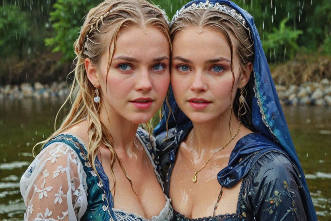 (wet clothes, wet hair, wet, wet face, wet skin,  : 1.4 ),(two Beautiful German queen ),(greater details in definitions of face and eyes), (realistic and detailed skin textures), (extremely clear image, UHD, resembling realistic professional photographs, film grain), beautiful blonde hair,beautiful blue iris, ((wearing Baroque-style dirndl ballgowns and royal cloak with vibrant colors, submerge, two girls hugging, very wet drenched hair, wet face:1.2)), infused with norwegian elements. The dress combines intricate lace and embroidery with colorful ballgown-inspired patterns. A wide obi belt cinches her waist, while puffed sleeves and delicate accessories complete the look, showcasing a striking fusion of cultures.,ct-drago
.
, soakingwetclothes, wet clothes, wet hair, Visual Anime,art_booster,anime_screencap,fake_screenshot,anime coloring