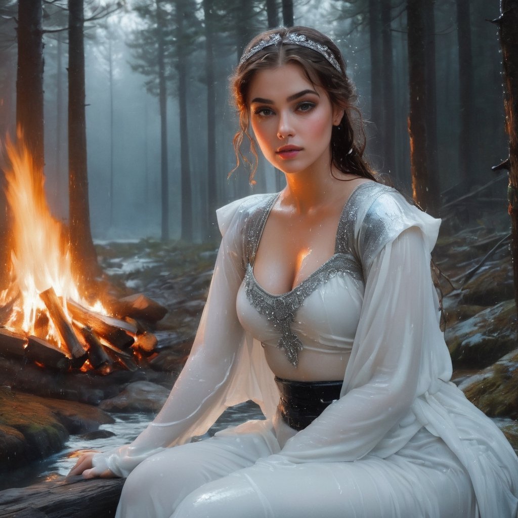 Painting (sparth:0.8) and (Arthur Rackham:1.3) portrait of (Helena the Scholar) with shoulder covered, wearing (elastic top:1.8) with (crystals:1.5), sitting (alone) by the fire in the night forest, (back to camera:2),
stunning and bright white background, Tanya Shatseva, Gabriele Del Otto, Frank Frazetta,
Midjourney AI style, ((wet clothes, wet hair, bathing in water, face focused, skin pores : 1.5)),soakingwetclothes