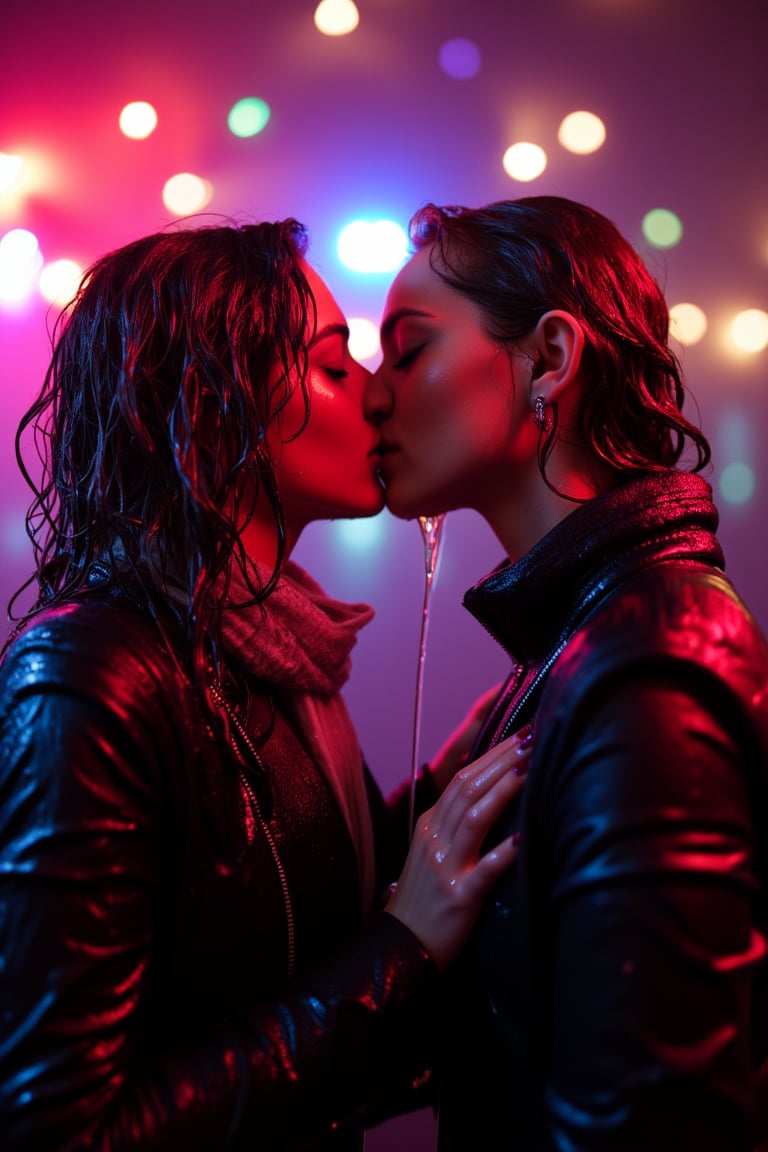 art by ilya kuvshinov and Yanjun Cheng, art by brandon woelfel, instagram photo of, (lesbians, kiss:1.1) , Iphone X, Selective focus, Vibrant Color, bokeh, lights in the background, geeky, feminine, high contrast, dark background, soft color scheme, messy hair, dressed up as nerds, wet heavy jackets and wet scarf. shampoo in hair. suds flowing through the body.  wet, soakingwet, 
.,Fetishwet,wet_hair,Wet,covered in oil,covered in mud,wam,wet clothes,pouring oil,wetlook,pouring oil, 