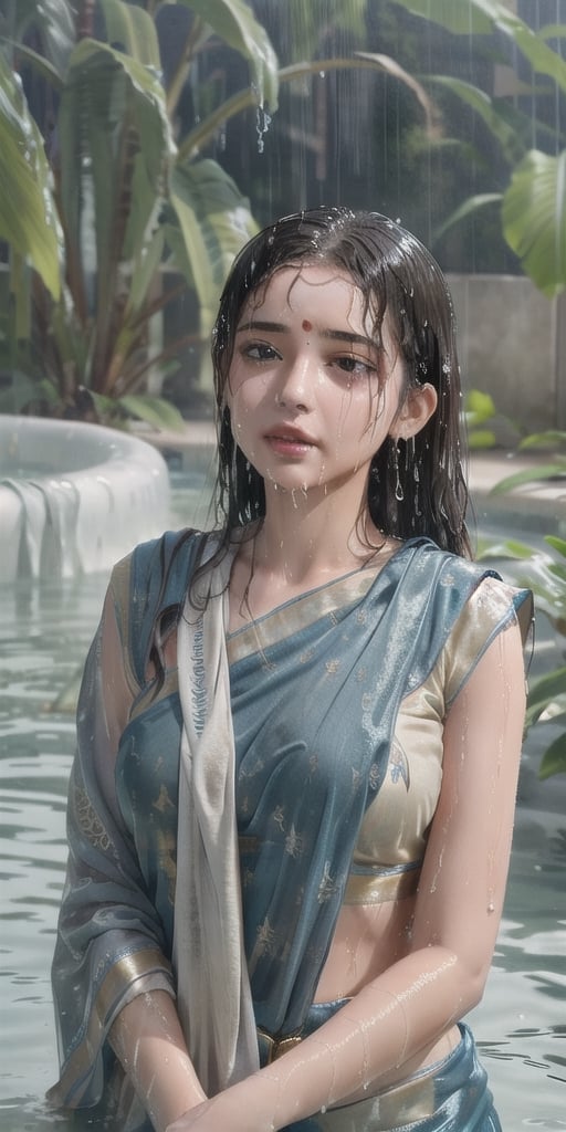 wet hair,SoakingWetClothes, wet hair, SoakingWetClothes, ((wet clothes, wet hair, bathing in water, face focused, skin pores, saree, detail face, heavy rain )), wet hair, girl wearing indian saree, aliabhatt, SoakingWetClothes