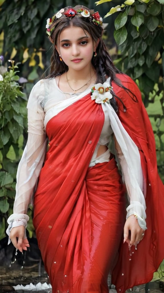 a slim german woman in a red saree and a flower crown on her head and shawl on her arms, , inspired by Lucas Cranach the Elder, inspired by Agnolo Bronzino, inspired by Dino Valls, inspired by Hendrik Goltzius, inspired by Parmigianino, inspired by Sofonisba Anguissola, inspired by Lucas Cranach the Younger,soakingwetclothes, wet clothes, wet hair, in water,indian