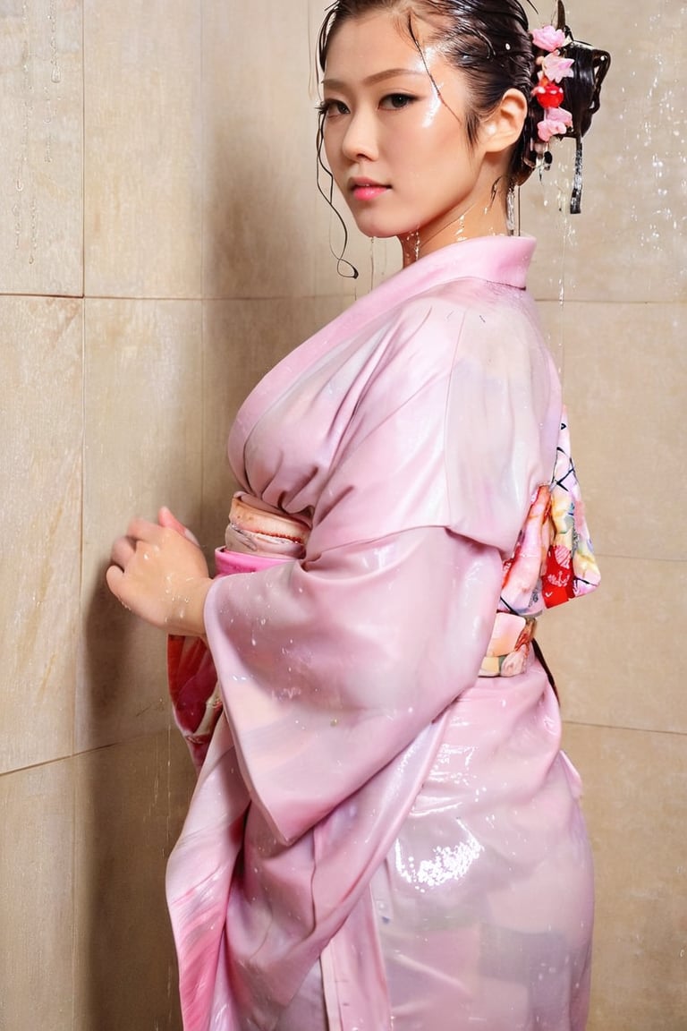 photo of japanese idol, looking away, kimono,   (((wet clothes, wet hair, wet skin, wet, soaked, clothes cling to skin:1.2)),soakingwetclothes