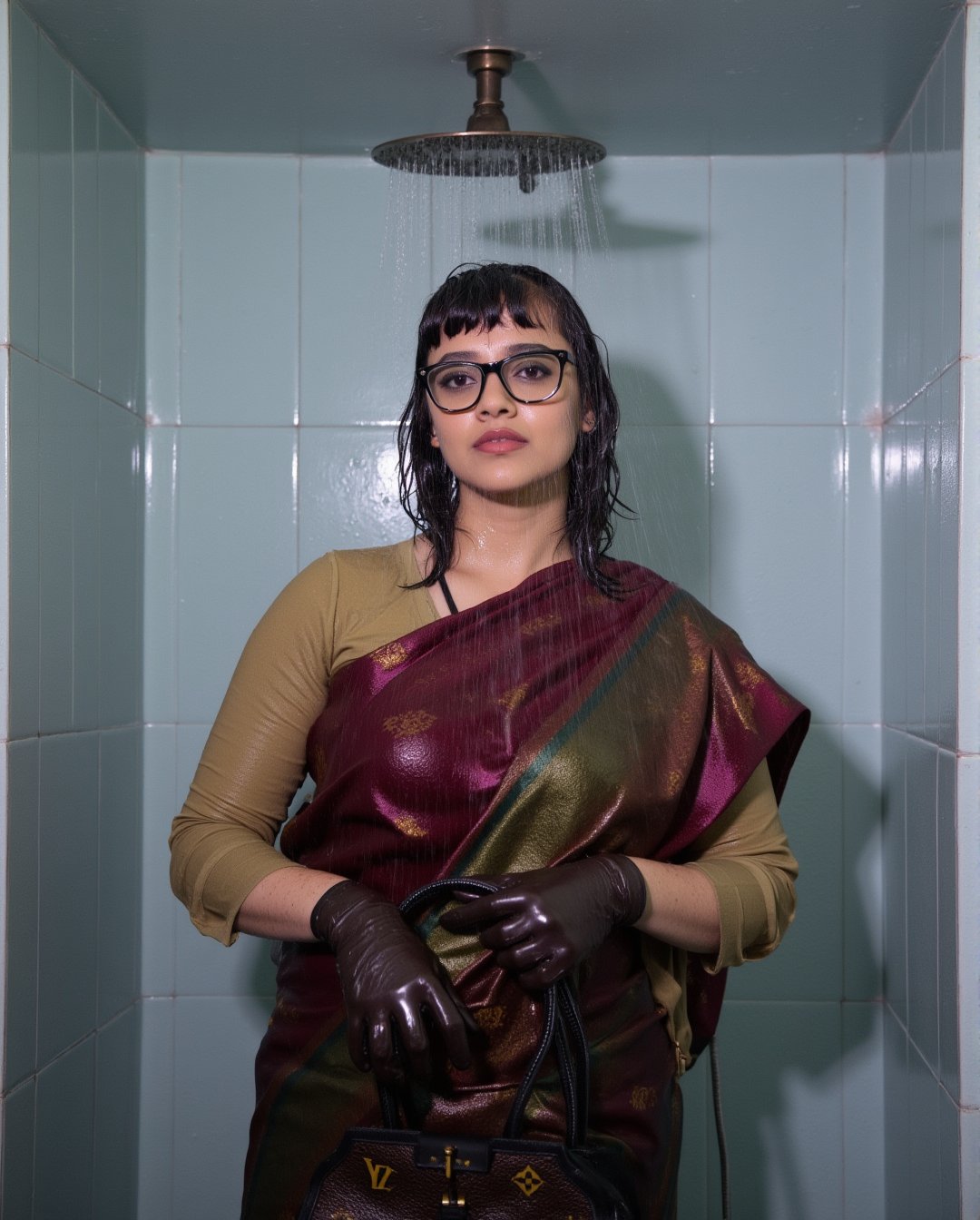 A photo of a wet soaked woman standing under a shower. teacher  in saree and full sleeve blouse and shawl, clings to her body. Her short bobbed hair frames her bespectacled face. Wet clothes, tinted black eyes, and pursed lips convey a sense of reserve. She holds a Louis Vuitton handbag with both hands, wearing leather gloves,Wetfetish,Fetishwet