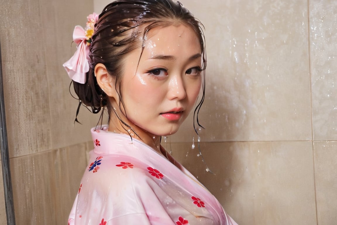 photo of japanese idol, looking away, kimono,   (((wet clothes, wet hair, wet skin, wet, soaked, clothes cling to skin:1.2)),soakingwetclothes