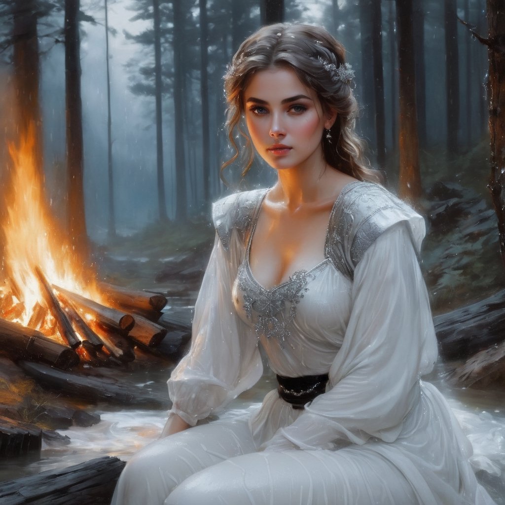 Painting (sparth:0.8) and (Arthur Rackham:1.3) portrait of (Helena the Scholar) with shoulder covered, wearing (elastic top:1.8) with (crystals:1.5), sitting (alone) by the fire in the night forest, (back to camera:2),
stunning and bright white background, Tanya Shatseva, Gabriele Del Otto, Frank Frazetta,
Midjourney AI style, ((wet clothes, wet hair, bathing in water, face focused, skin pores : 1.5)),soakingwetclothes