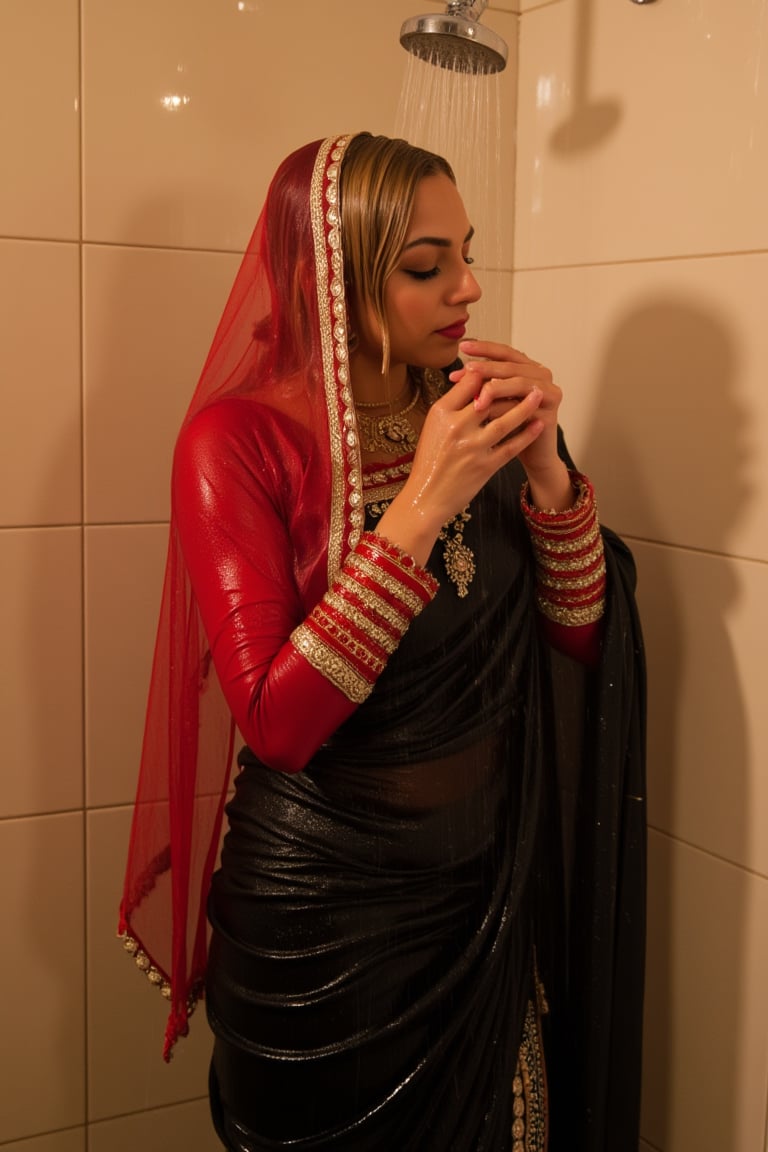 A woman standing in a tiled shower, water cascading over her, her eyes closed in a moment of serenity. She wears  wet slimy indian traditional black bridal saree with white traditional embroidary design, full sleeve red bouse with pattened design, wet dupatta as a veil, and very light brown hair, bathing with shampoo. Shampoo in hair. Soap flowing through clothes. wet red bridal veil .saree that clings to her body. The scene is illuminated by the soft, warm light of the shower, highlighting the water droplets on her skin. The composition captures her relaxed pose, with the water flowing down her form, creating a sensual and intimate atmosphere. The background features a tiled shower with steam rising, adding to the ambiance.,Fetishwet