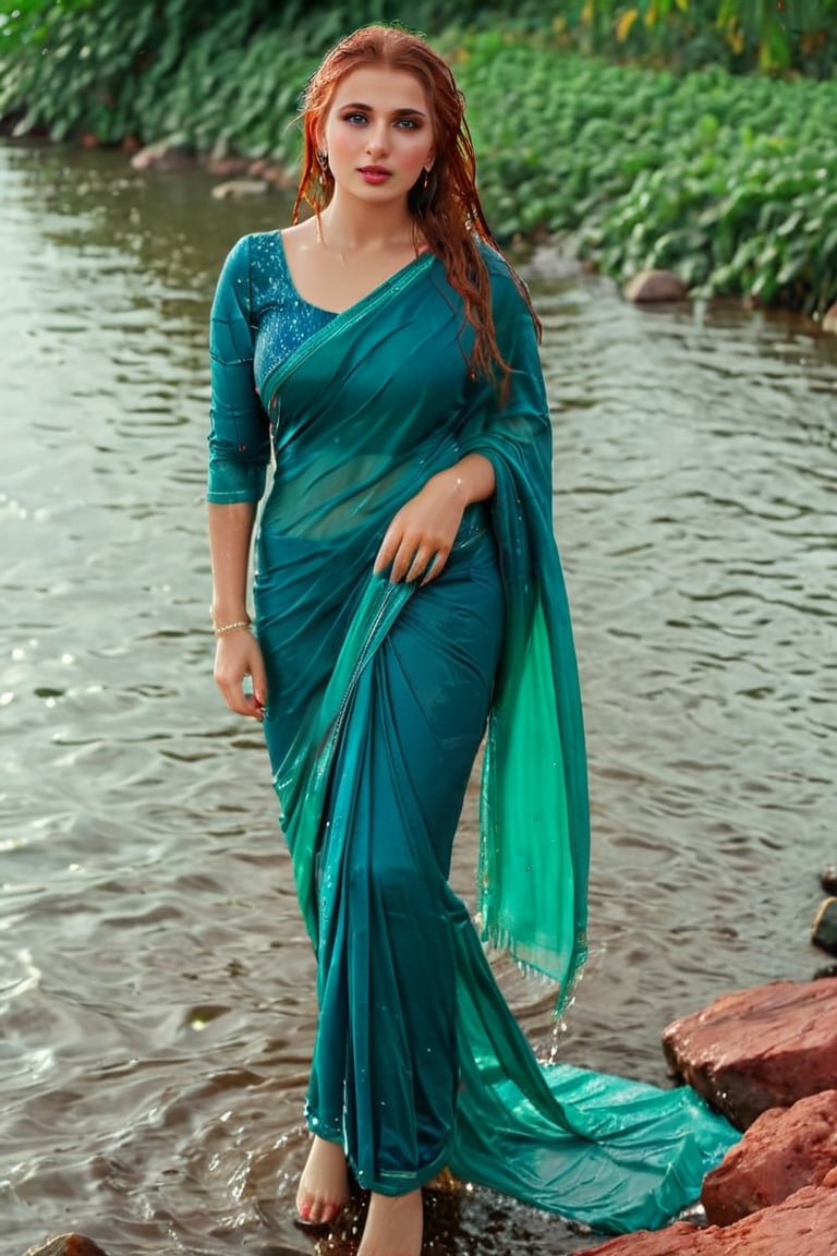 score_9,score_8_up,score_7_up, photorealistic BREAK full shot of a confident wet red-haired, full body portrait of an russian woman in saree, sitting on rocks near water and raindrops falling on her wet hair, blue green wet sarees with full sleeve teal wet blouse around the waist , standing pose, looking at camera, hair wet from heavy raining background, heavy leaves plants and stones behind, dramatic lighting, hyper realistic photography, cinematic shot, perfect hands highly detailed,detailed skin,highly detailed face and eyes,detailed face, detailed nose, detailed eyes,depth of field,film grain,backlighting, Neutral-Density-Filter, flawless clarity, brightly lit,,crystalz,Decora_SWstyle,art_booster, ((wet clothes, wet hair, wet skin, wet_clothes,soakingwetclothes:1.3))