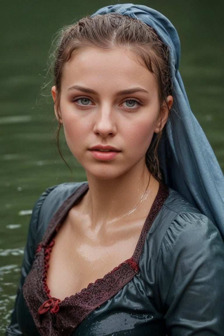 (wet clothes, wet hair, wet, wet face, wet skin,  : 1.4 ),(Chiaroscuro Solid colors background),( Beautiful wet German queen ),(greater details in definitions of face and eyes), (realistic and detailed wet skin textures), (extremely clear image, UHD, resembling realistic professional photographs, film grain), beautiful wet blonde hair,beautiful blue iris, ((wearing Baroque-style crimson dirndl ballgowns, royal cloak, clothes with vibrant colors, holding a shawl on hand, submerge,  hugging, very wet drenched hair, wet face:1.2)), infused with norwegian elements. The dress combines intricate lace and embroidery with colorful ballgown-inspired patterns. A wide obi belt cinches her waist, while puffed sleeves and delicate accessories complete the look, showcasing a striking fusion of cultures.,ct-drago
.
, soakingwetclothes, wet clothes, wet hair, Visual Anime,art_booster,anime_screencap,fake_screenshot,anime coloring