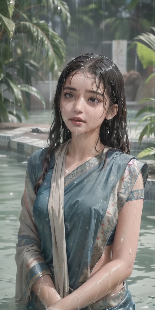 wet hair,SoakingWetClothes, wet hair, SoakingWetClothes, ((wet clothes, wet hair, bathing in water, face focused, skin pores, saree, detail face, heavy rain )), wet hair, girl wearing indian saree, aliabhatt, SoakingWetClothes