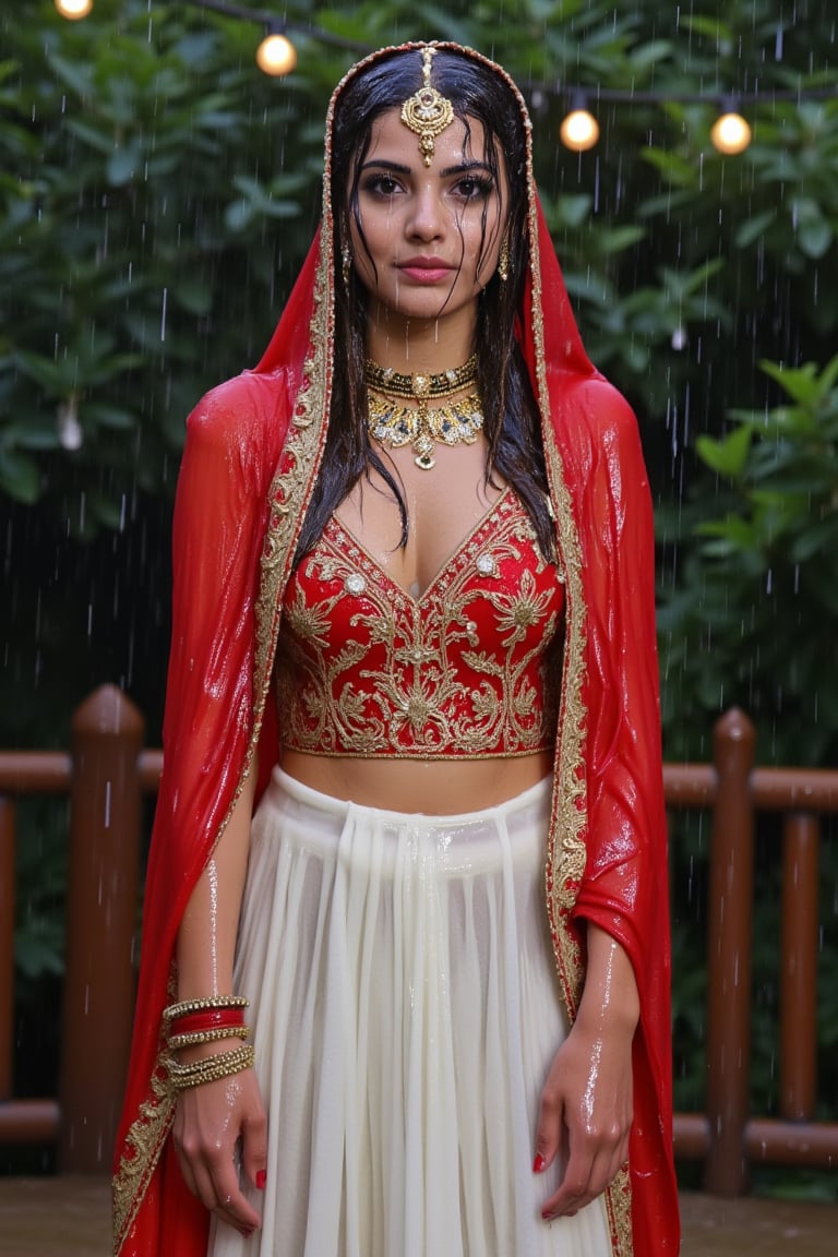 (wet clothes, wet hair, wet face, wet skin, slimy clothes, slimy skin, slimy hair ) 

(wet clothes, wet hair, wet face, wet skin, slimy hair, slimy skin, slimy clothes) 

torrential rain, face focused, damp, a drenched Bride in a richly embroidered white bridal saree paired by red bridal veil and jewelry drenched, adorned with intricate gold patterns.dress looks clingy, wrinkled or limp, and glossy, with fabric adhering closely to the skin due to the weight of the water. water changes its reflectivity. soft lighting, a celebratory atmosphere despite the rain. water cascading clothes hair skin. darker and shinier fabric texture in rain.



4K, RAW, masterpiece, soakingwetclothes, wetlook, high definition, wet fashion photography.,Fetishwet,FluxGothicRealnime,Wetfetish