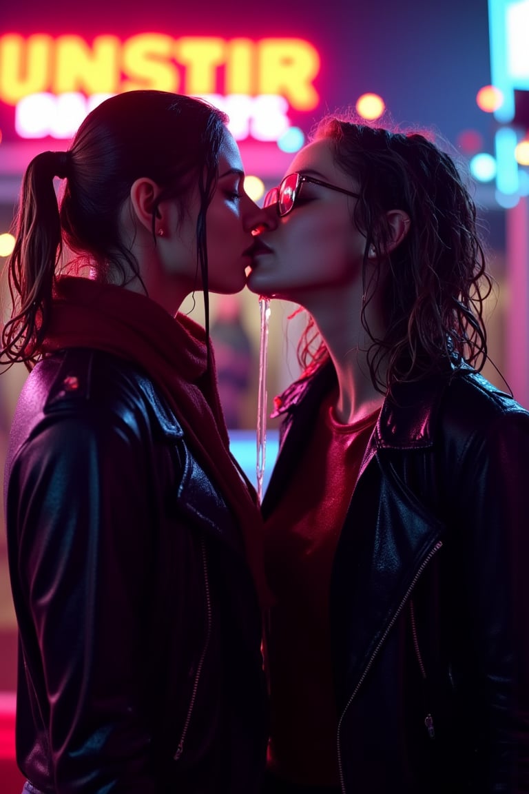 art by ilya kuvshinov and Yanjun Cheng, art by brandon woelfel, instagram photo of, (lesbians, kiss:1.1) , Iphone X, Selective focus, Vibrant Color, bokeh, lights in the background, geeky, feminine, high contrast, dark background, soft color scheme, messy hair, dressed up as nerds, wet heavy jackets and wet scarf. wet, soakingwet, 
.,Fetishwet,wet_hair,Wet,covered in oil,covered in mud,wam,wet clothes,pouring oil,wetlook,pouring oil, 