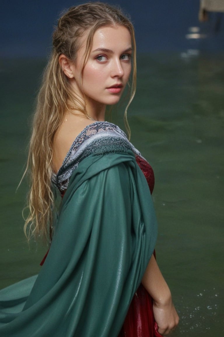 (wet clothes, wet hair, wet, wet face, wet skin,  : 1.4 ),(Chiaroscuro Solid colors background),( Beautiful wet German queen ),(greater details in definitions of face and eyes), (realistic and detailed wet skin textures), (extremely clear image, UHD, resembling realistic professional photographs, film grain), beautiful wet blonde hair,beautiful blue iris, ((wearing Baroque-style crimson dirndl ballgowns, royal cloak, clothes with vibrant colors, holding a shawl on hand, submerge,  hugging, very wet drenched hair, wet face:1.2)), infused with norwegian elements. The dress combines intricate lace and embroidery with colorful ballgown-inspired patterns. A wide obi belt cinches her waist, while puffed sleeves and delicate accessories complete the look, showcasing a striking fusion of cultures.,ct-drago
.
, soakingwetclothes, wet clothes, wet hair, Visual Anime,art_booster,anime_screencap,fake_screenshot,anime coloring