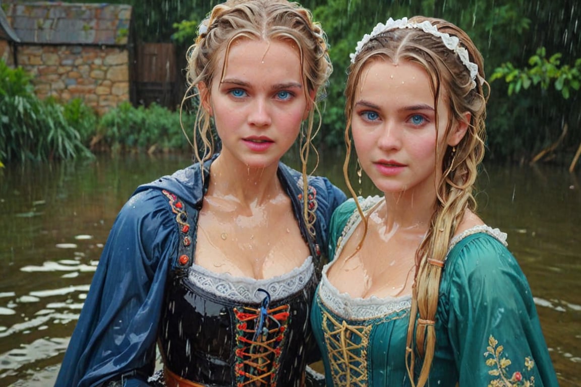 (wet clothes, wet hair, wet, wet face, wet skin,  : 1.4 ),(two Beautiful German queen ),(greater details in definitions of face and eyes), (realistic and detailed skin textures), (extremely clear image, UHD, resembling realistic professional photographs, film grain), beautiful blonde hair,beautiful blue iris, ((wearing Baroque-style dirndl ballgowns and royal cloak with vibrant colors, submerge, two girls hugging, very wet drenched hair, wet face:1.2)), infused with norwegian elements. The dress combines intricate lace and embroidery with colorful ballgown-inspired patterns. A wide obi belt cinches her waist, while puffed sleeves and delicate accessories complete the look, showcasing a striking fusion of cultures.,ct-drago
.
, soakingwetclothes, wet clothes, wet hair, Visual Anime,art_booster,anime_screencap,fake_screenshot,anime coloring