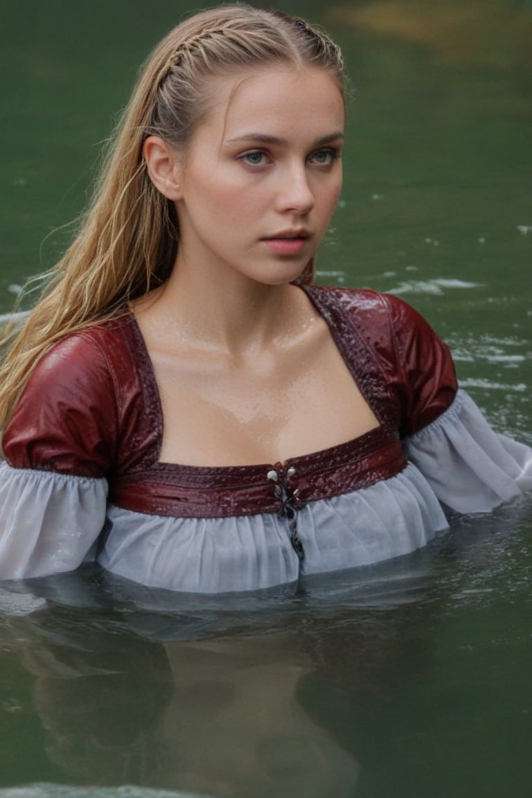 (wet clothes, wet hair, wet, wet face, wet skin,  : 1.4 ),(Chiaroscuro Solid colors background),( Beautiful wet German queen ),(greater details in definitions of face and eyes), (realistic and detailed wet skin textures), (extremely clear image, UHD, resembling realistic professional photographs, film grain), beautiful wet blonde hair,beautiful blue iris, ((wearing Baroque-style crimson dirndl ballgowns, royal cloak, clothes with vibrant colors, holding a shawl on hand, submerge,  hugging, very wet drenched hair, wet face:1.2)), infused with norwegian elements. The dress combines intricate lace and embroidery with colorful ballgown-inspired patterns. A wide obi belt cinches her waist, while puffed sleeves and delicate accessories complete the look, showcasing a striking fusion of cultures.,ct-drago
.
, soakingwetclothes, wet clothes, wet hair, Visual Anime,art_booster,anime_screencap,fake_screenshot,anime coloring