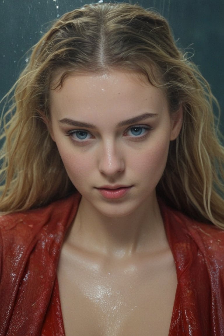 (wet clothes, wet hair, wet, wet face, wet skin,  : 1.4 ),(Chiaroscuro Solid colors background),( Beautiful wet German queen ),(greater details in definitions of face and eyes), (realistic and detailed wet skin textures), (extremely clear image, UHD, resembling realistic professional photographs, film grain), beautiful wet blonde hair,beautiful blue iris, ((wearing Baroque-style crimson dirndl ballgowns, royal cloak, clothes with vibrant colors, holding a shawl on hand, submerge,  hugging, very wet drenched hair, wet face:1.2)), infused with norwegian elements. The dress combines intricate lace and embroidery with colorful ballgown-inspired patterns. A wide obi belt cinches her waist, while puffed sleeves and delicate accessories complete the look, showcasing a striking fusion of cultures.,ct-drago
.
, soakingwetclothes, wet clothes, wet hair, Visual Anime,art_booster,anime_screencap,fake_screenshot,anime coloring