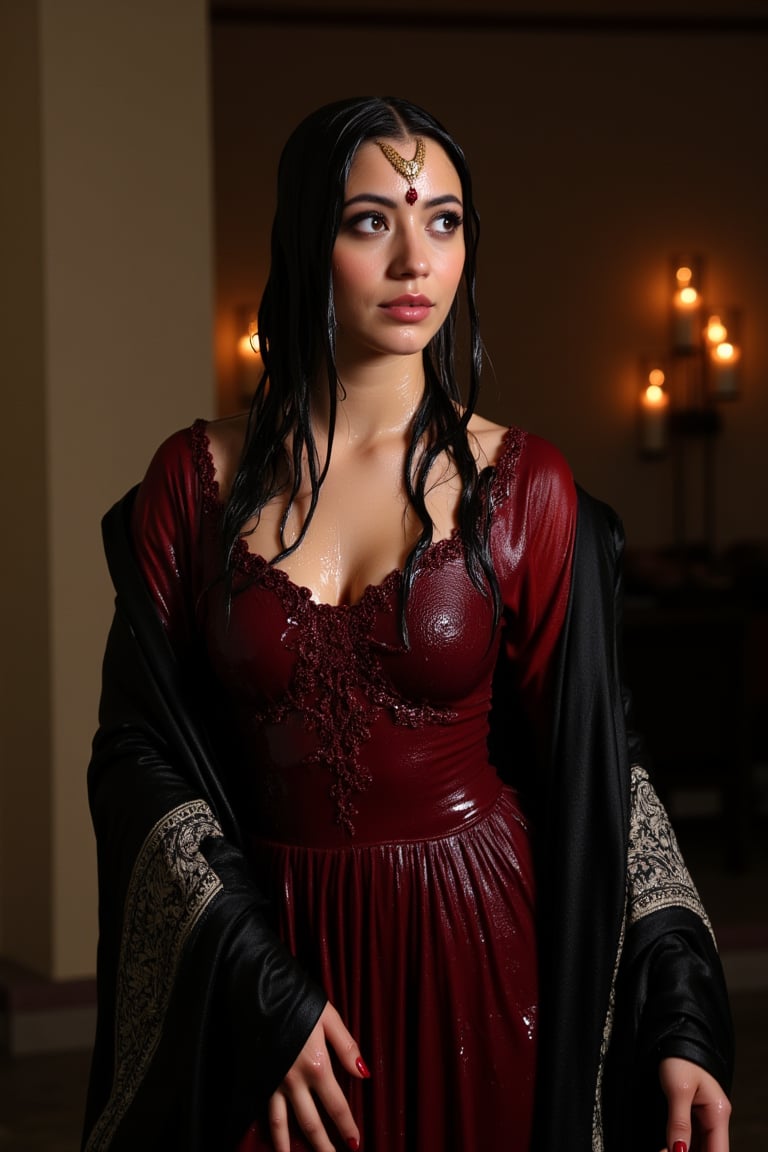 A photo of a soaking wet Korean woman with dark wet hair and a fair complexion. She is wearing a wet dark red dress with intricate patterns and details. The wet dress has a flowing design and is paired with a wet black shawl that is draped elegantly over her shoulders. the shawl featuring a rich white embroidary design.  The woman has a beautiful face and wears a piece of jewelry on her forehead. The background is a dimly lit room with candlelit walls and mysterious shadows. The atmosphere is dark and atmospheric, setting the stage for a dark fantasy.. they are doused with slime.  wet, soakingwet, 
.,Fetishwet,wet_hair,Wet,covered in oil,covered in mud,wam,wet clothes,pouring oil,wetlook,pouring oil, 