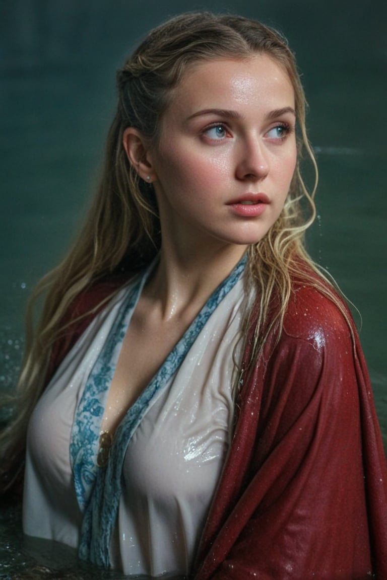 (wet clothes, wet hair, wet, wet face, wet skin,  : 1.4 ),(Chiaroscuro Solid colors background),( Beautiful wet German queen ),(greater details in definitions of face and eyes), (realistic and detailed wet skin textures), (extremely clear image, UHD, resembling realistic professional photographs, film grain), beautiful wet blonde hair,beautiful blue iris, ((wearing Baroque-style crimson dirndl ballgowns, royal cloak, clothes with vibrant colors, holding a shawl on hand, submerge,  hugging, very wet drenched hair, wet face:1.2)), infused with norwegian elements. The dress combines intricate lace and embroidery with colorful ballgown-inspired patterns. A wide obi belt cinches her waist, while puffed sleeves and delicate accessories complete the look, showcasing a striking fusion of cultures.,ct-drago
.
, soakingwetclothes, wet clothes, wet hair, Visual Anime,art_booster,anime_screencap,fake_screenshot,anime coloring