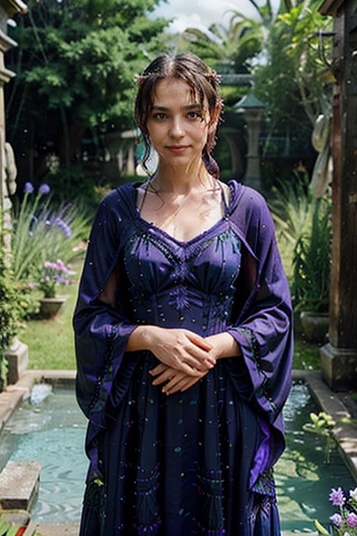 romantic photography upper body shot of a smugly smiling young girl, indigo in a lush lavender graveyard with flowers and birds, 3d render, cgi, symmetrical, octane render, 35mm, bokeh, 9:16, (intricate details:1.2), hdr, (intricate details, hyperdetailed:1.15), (natural skin texture, hyperrealism, soft light, sharp:1.3), detailed iris,   wet hair, (bathing in water), ((wet clothes, victorian ballgown, 
((,SeiShonagon)), cloak, ))