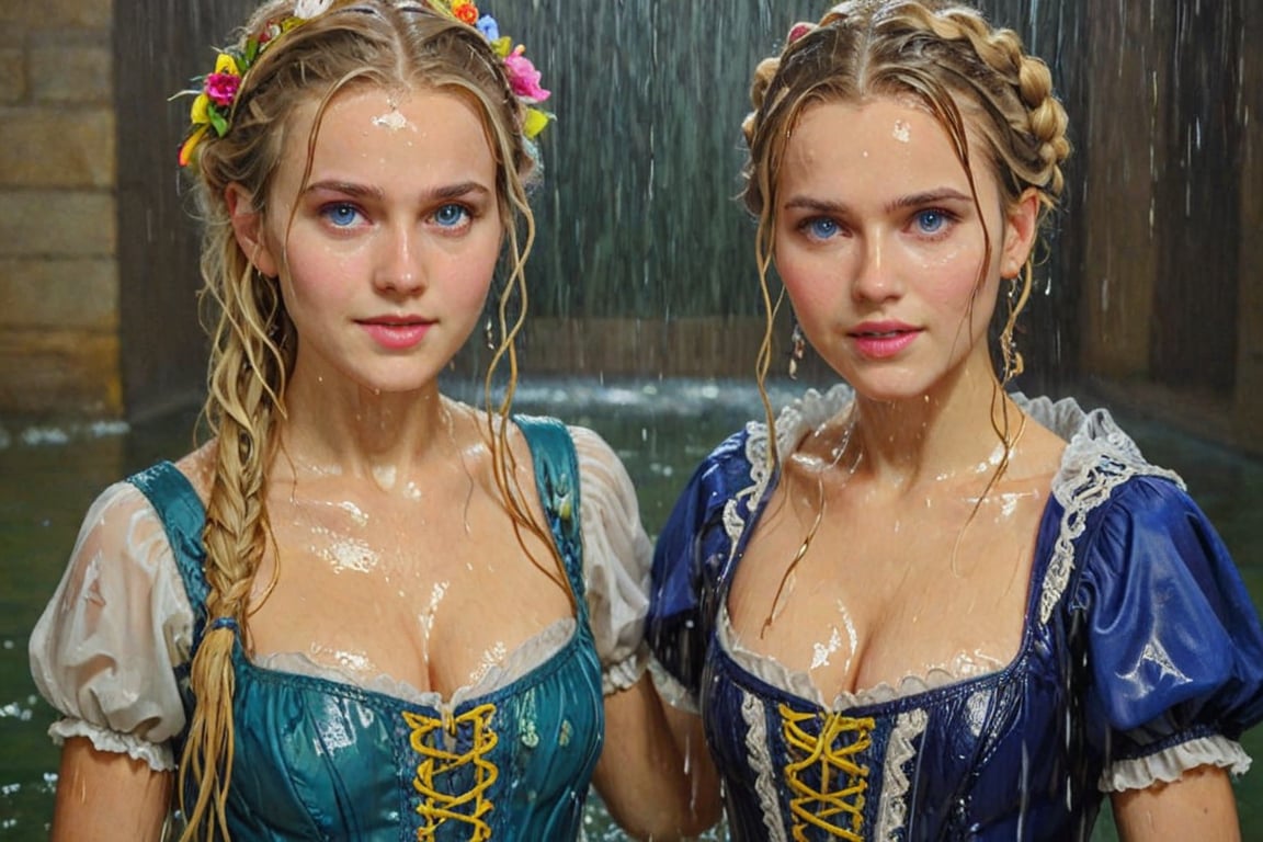 (wet clothes, wet hair, wet, wet face, wet skin,  : 1.4 ),(two Beautiful German queen ),(greater details in definitions of face and eyes), (realistic and detailed skin textures), (extremely clear image, UHD, resembling realistic professional photographs, film grain), beautiful blonde hair,beautiful blue iris, ((wearing Baroque-style dirndl ballgowns and royal cloak with vibrant colors, submerge, two girls hugging, very wet drenched hair, wet face:1.2)), infused with norwegian elements. The dress combines intricate lace and embroidery with colorful ballgown-inspired patterns. A wide obi belt cinches her waist, while puffed sleeves and delicate accessories complete the look, showcasing a striking fusion of cultures.,ct-drago
.
, soakingwetclothes, wet clothes, wet hair, Visual Anime,art_booster,anime_screencap,fake_screenshot,anime coloring