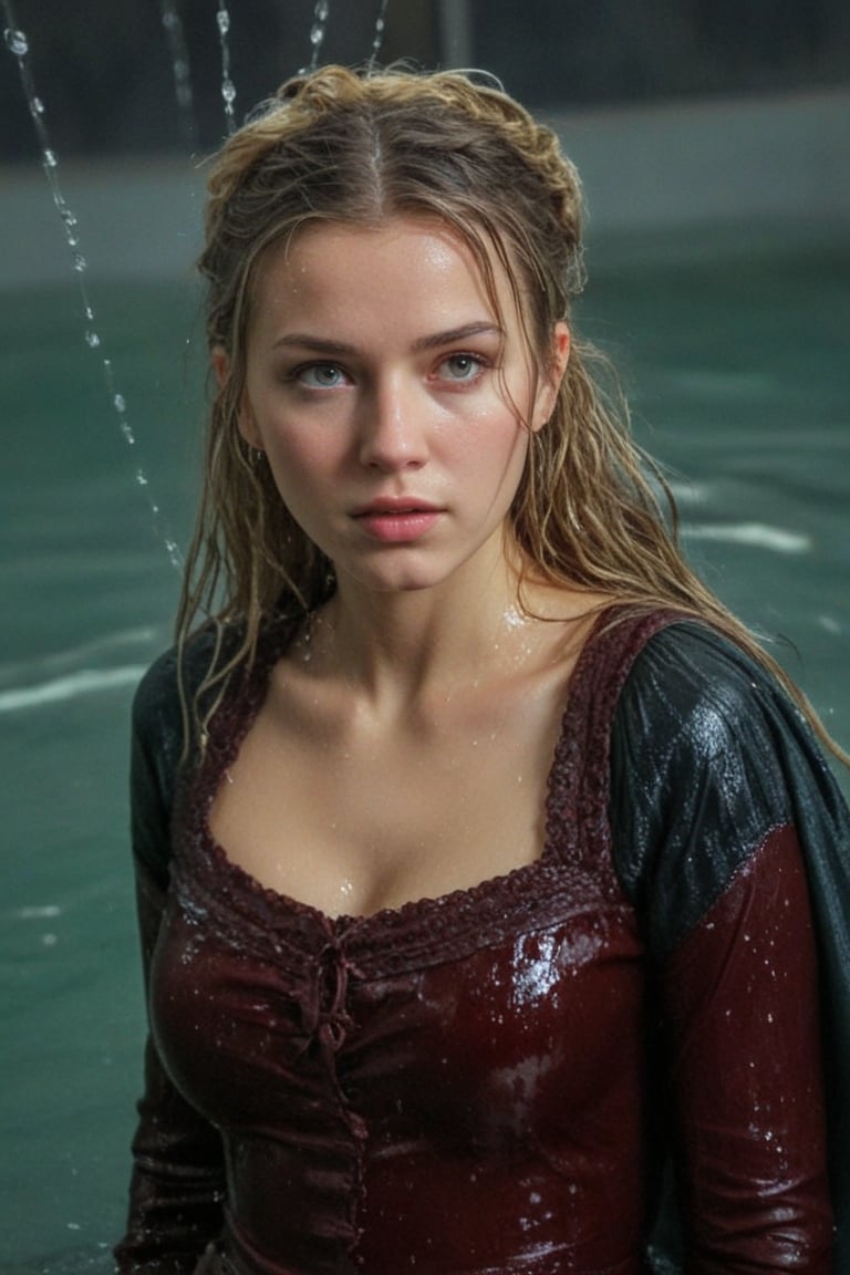 (wet clothes, wet hair, wet, wet face, wet skin,  : 1.4 ),(Chiaroscuro Solid colors background),( Beautiful wet German queen ),(greater details in definitions of face and eyes), (realistic and detailed wet skin textures), (extremely clear image, UHD, resembling realistic professional photographs, film grain), beautiful wet blonde hair,beautiful blue iris, ((wearing Baroque-style crimson dirndl ballgowns, royal cloak, clothes with vibrant colors, holding a shawl on hand, submerge,  hugging, very wet drenched hair, wet face:1.2)), infused with norwegian elements. The dress combines intricate lace and embroidery with colorful ballgown-inspired patterns. A wide obi belt cinches her waist, while puffed sleeves and delicate accessories complete the look, showcasing a striking fusion of cultures.,ct-drago
.
, soakingwetclothes, wet clothes, wet hair, Visual Anime,art_booster,anime_screencap,fake_screenshot,anime coloring