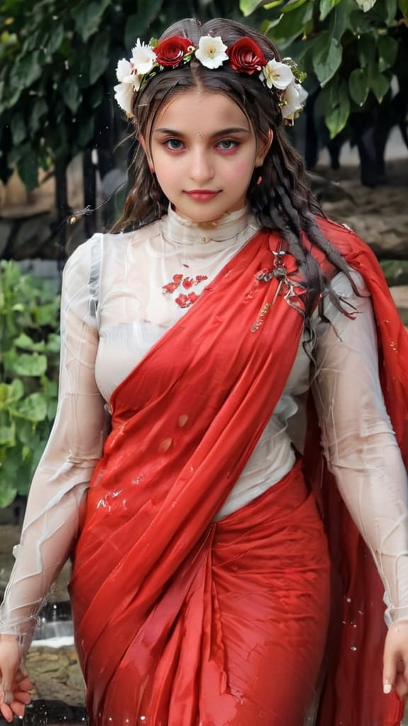 a slim german woman in a red saree and a flower crown on her head, shawl on her arms, , inspired by Lucas Cranach the Elder, inspired by Agnolo Bronzino, inspired by Dino Valls, inspired by Hendrik Goltzius, inspired by Parmigianino, inspired by Sofonisba Anguissola, inspired by Lucas Cranach the Younger,soakingwetclothes, wet clothes, wet hair, in water,indian