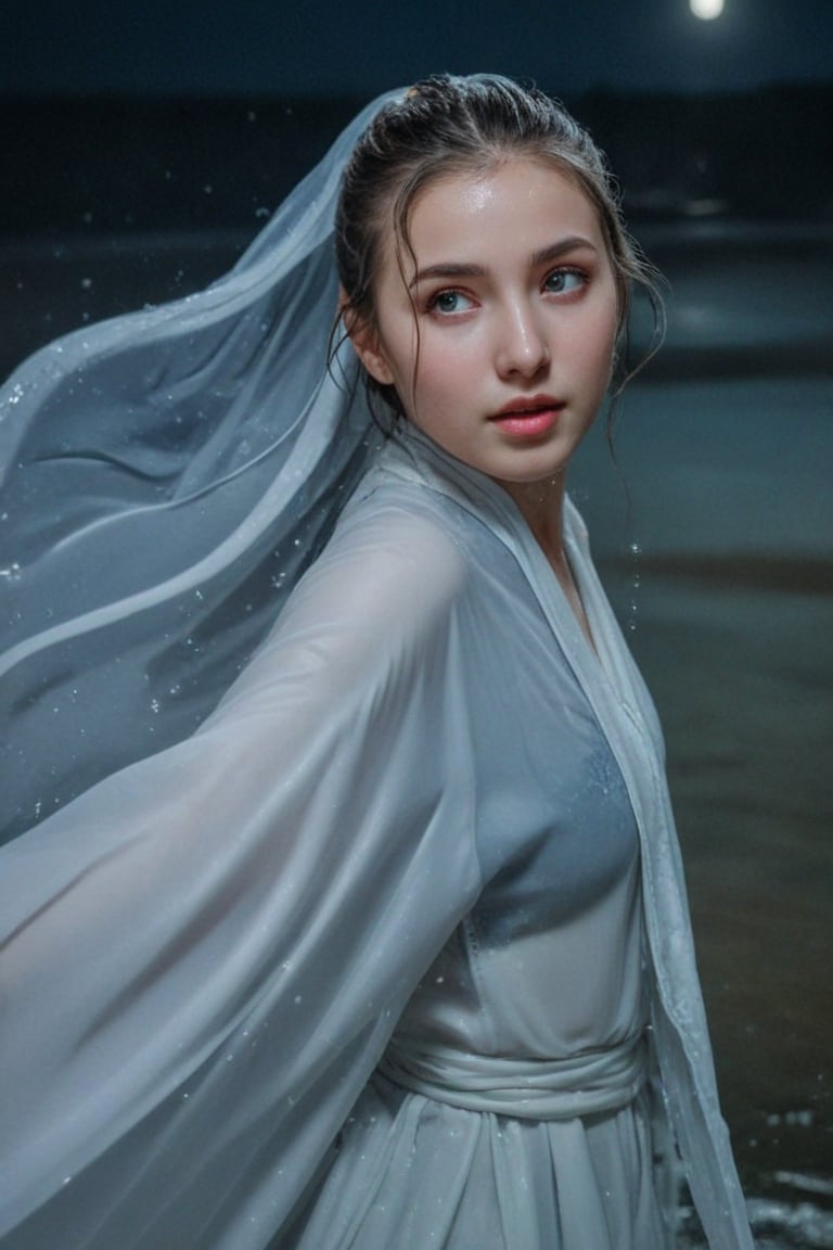 (wet clothes, wet hair, wet, wet face, wet skin,  : 1.4 ),(Chiaroscuro Solid colors background),masterpiece, (best quality:1.2), (ultra-detailed:1.2), illustration, (an extremely delicate and beautiful:1.2),cinematic angle,floating, (beautiful detailed eyes:1.1), (detailed light:1.1),cinematic lighting, beautifully detailed sky, 1 girl 21 years old in wet hijab, wet white ballgown style Hanfu, snow, wet long hijab fluttering in the wind, little smile, large aperture, light blue eyes, (high ponytail:1.1), cloak, glowing eyes, (moon:1.2), (moonlight:1.1), starry sky, (lighting particle:1.1), fog, snow painting, sketch, bloom

.
, soakingwetclothes, wet clothes, wet hair, Visual Anime,art_booster,anime_screencap,fake_screenshot,anime coloring