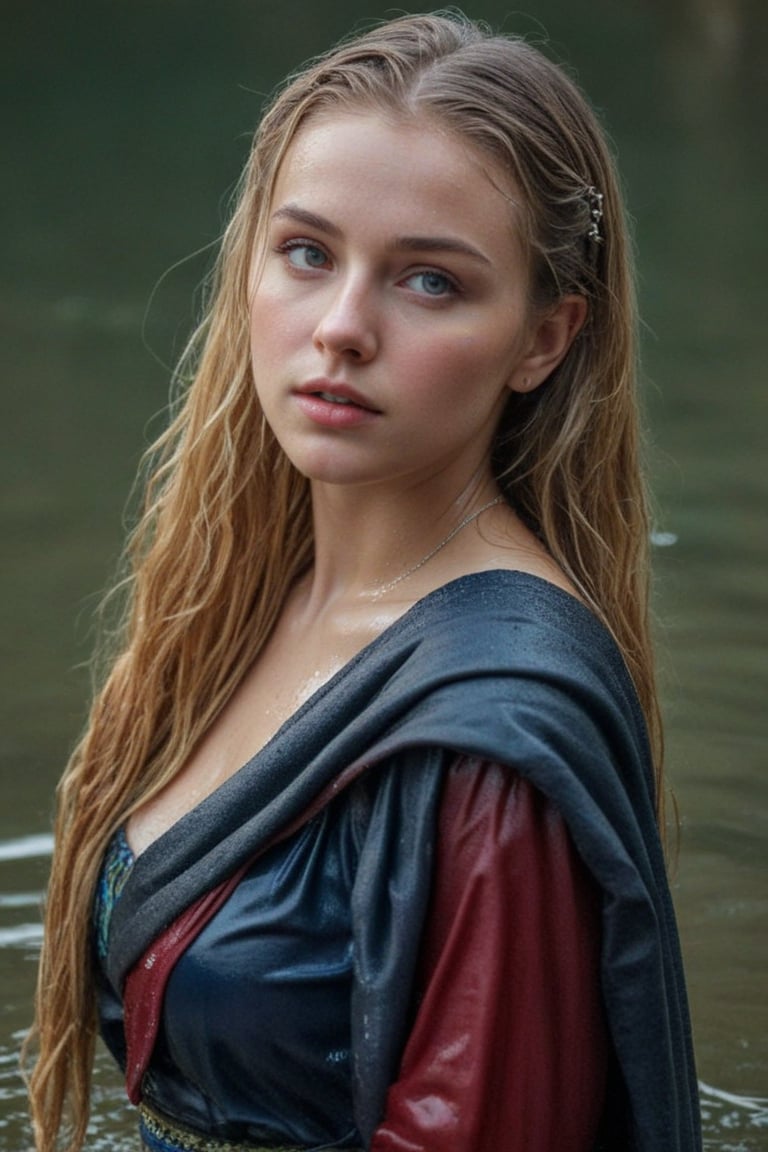 (wet clothes, wet hair, wet, wet face, wet skin,  : 1.4 ),(Chiaroscuro Solid colors background),( Beautiful wet German queen ),(greater details in definitions of face and eyes), (realistic and detailed wet skin textures), (extremely clear image, UHD, resembling realistic professional photographs, film grain), beautiful wet blonde hair,beautiful blue iris, ((wearing Baroque-style crimson dirndl ballgowns, royal cloak, clothes with vibrant colors, holding a shawl on hand, submerge,  hugging, very wet drenched hair, wet face:1.2)), infused with norwegian elements. The dress combines intricate lace and embroidery with colorful ballgown-inspired patterns. A wide obi belt cinches her waist, while puffed sleeves and delicate accessories complete the look, showcasing a striking fusion of cultures.,ct-drago
.
, soakingwetclothes, wet clothes, wet hair, Visual Anime,art_booster,anime_screencap,fake_screenshot,anime coloring