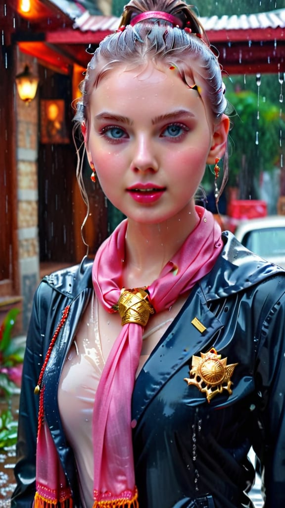 heavy rain, A mesmerizing, ultra-realistic 8K photo captures the essence of a young woman dressed in a British school uniform, draped with a shawl, wearing a wet and glistening pink ponytail hairstyle. The subject exudes a charming wet smile as she dons a woolen scarf, wet tight jacket, and a wet shawl, all set against a cinematic backdrop. The model's icy eyes and pale wet skin contrast with her ruby wet necklace and bracelet, creating a captivating visual. This stunning masterpiece, with its high contrast and vibrant color, is rendered with exquisite details and textures in a cinematic shot, showcasing the artist's exceptional skill. The image is bathed in warm tones, with a bright and intense atmosphere, and is trending on ArtStation, making it a standout piece