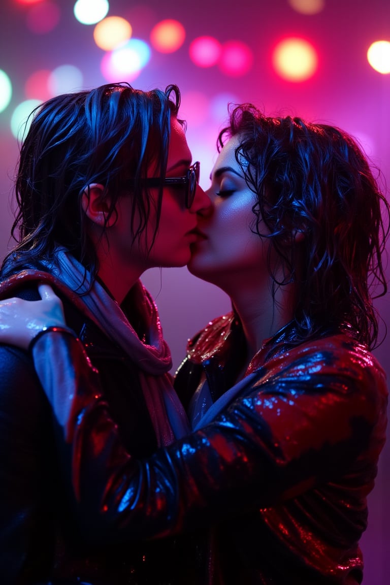 art by ilya kuvshinov and Yanjun Cheng, art by brandon woelfel, instagram photo of, (lesbians, kiss:1.1) , Iphone X, Selective focus, Vibrant Color, bokeh, lights in the background, geeky, feminine, high contrast, dark background, soft color scheme, messy hair, dressed up as nerds, wet heavy jackets and wet scarf. they are doused with slime.  wet, soakingwet, 
.,Fetishwet,wet_hair,Wet,covered in oil,covered in mud,wam,wet clothes,pouring oil,wetlook,pouring oil, 