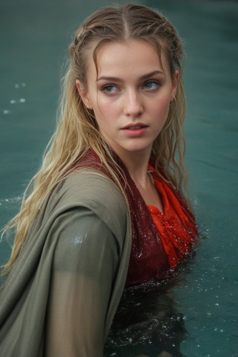 (wet clothes, wet hair, wet, wet face, wet skin,  : 1.4 ),(Chiaroscuro Solid colors background),( Beautiful wet German queen ),(greater details in definitions of face and eyes), (realistic and detailed wet skin textures), (extremely clear image, UHD, resembling realistic professional photographs, film grain), beautiful wet blonde hair,beautiful blue iris, ((wearing Baroque-style crimson dirndl ballgowns, royal cloak, clothes with vibrant colors, holding a shawl on hand, submerge,  hugging, very wet drenched hair, wet face:1.2)), infused with norwegian elements. The dress combines intricate lace and embroidery with colorful ballgown-inspired patterns. A wide obi belt cinches her waist, while puffed sleeves and delicate accessories complete the look, showcasing a striking fusion of cultures.,ct-drago
.
, soakingwetclothes, wet clothes, wet hair, Visual Anime,art_booster,anime_screencap,fake_screenshot,anime coloring