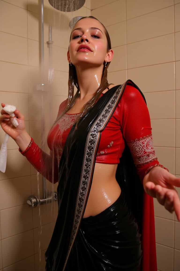 A norwegian woman standing in a tiled room. Her eyes closed in a moment of serenity. She wears wet slimy indian traditional black bridal saree with white traditional embroidary design, full sleeve red bouse with pattened design, wet dupatta as a veil, and very light brown hair, bathing with shampoo. Shampoo in hair. Soap flowing through clothes. wet red bridal veil .saree that clings to her body. The scene is illuminated by the soft, warm light of the room, highlighting the water droplets on her skin. The composition captures her relaxed pose, with the water flowing down her form, creating a sensual and intimate atmosphere. The background features a tiled room with steam rising, adding to the ambiance.,Fetishwet,wet_hair,Wet,covered in oil,covered in mud,wam,wet clothes,pouring oil,wetlook,pouring oil