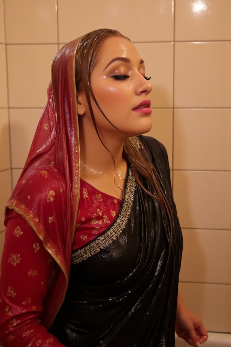 A woman standing in a tiled room. Her eyes closed in a moment of serenity. She wears wet slimy indian traditional black bridal saree with white traditional embroidary design, full sleeve red bouse with pattened design, wet dupatta as a veil, and very light brown hair, bathing with shampoo. Shampoo in hair. Soap flowing through clothes. wet red bridal veil .saree that clings to her body. The scene is illuminated by the soft, warm light of the room, highlighting the water droplets on her skin. The composition captures her relaxed pose, with the water flowing down her form, creating a sensual and intimate atmosphere. The background features a tiled room with steam rising, adding to the ambiance.,Fetishwet,wet_hair,Wet,covered in oil,covered in mud,wam,wet clothes,pouring oil,wetlook,pouring oil