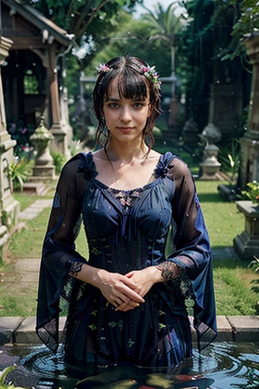 romantic photography upper body shot of a smugly smiling young girl, indigo in a lush graveyard with flowers and birds, 3d render, cgi, symmetrical, octane render, 35mm, bokeh, 9:16, (intricate details:1.2), hdr, (intricate details, hyperdetailed:1.15), (natural skin texture, hyperrealism, soft light, sharp:1.3), detailed iris,   wet hair, (bathing in water), ((wet clothes, victorian ballgown, 
((,SeiShonagon)), cloak, ))