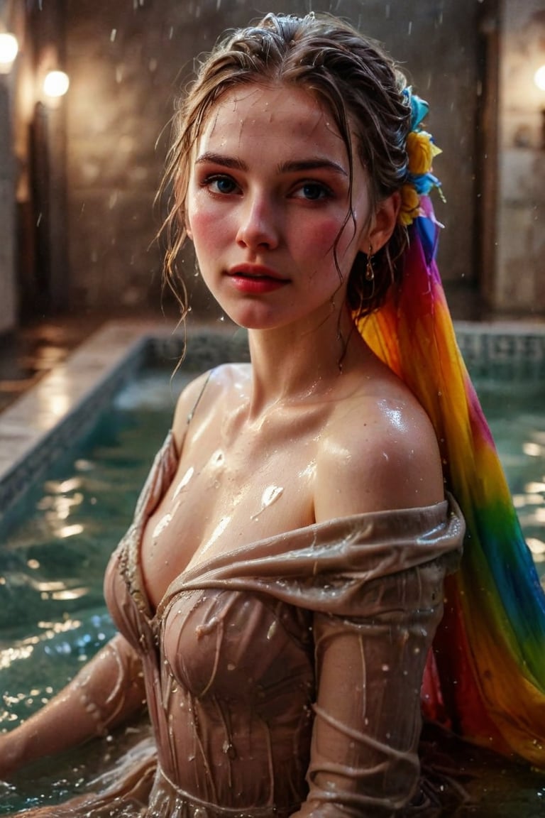beautiful photo of a soaking wet girl. (masterpiece, top quality, best quality, official art, beautiful and aesthetic, wearing ballgown drapped with a colorful shawl:1.2), (1girl:1.4), portrait, extreme detailed, highest detailed, simple background, 16k, high resolution, perfect dynamic composition, bokeh, (sharp focus:1.2), super wide angle, high angle, high color contrast, medium shot, depth of field, blurry background,,itacstl, slight smile, ballgown, full sleeve

(wet clothes, wet hair, wet, wet face, wet skin, : 1.4 ), soakingwetclothes, wet clothes, wet hair, Visual Anime