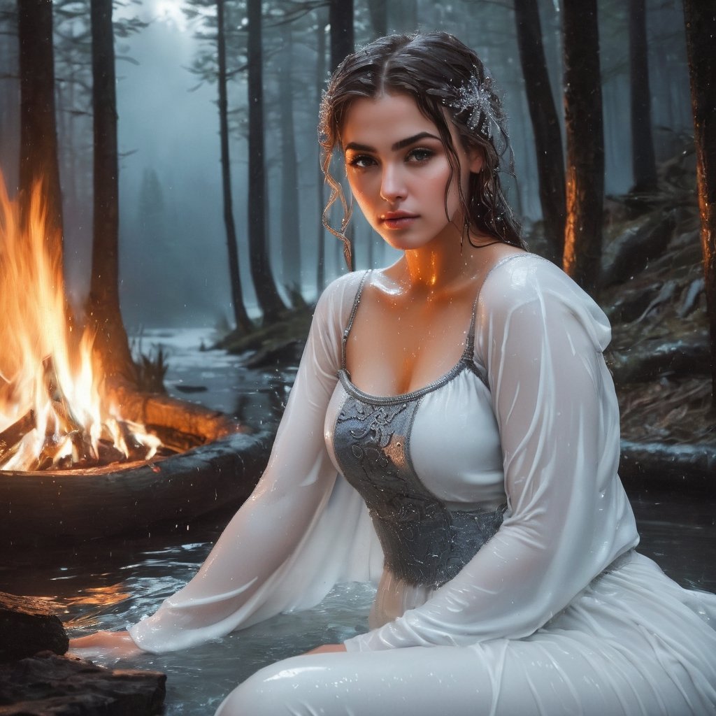 Painting (sparth:0.8) and (Arthur Rackham:1.3) portrait of (Helena the Scholar) with shoulder covered, wearing (elastic top:1.8) with (crystals:1.5), sitting (alone) by the fire in the night forest, (back to camera:2),
stunning and bright white background, Tanya Shatseva, Gabriele Del Otto, Frank Frazetta,
Midjourney AI style, ((wet clothes, wet hair, bathing in water, face focused, skin pores, wet skin : 1.5)),soakingwetclothes